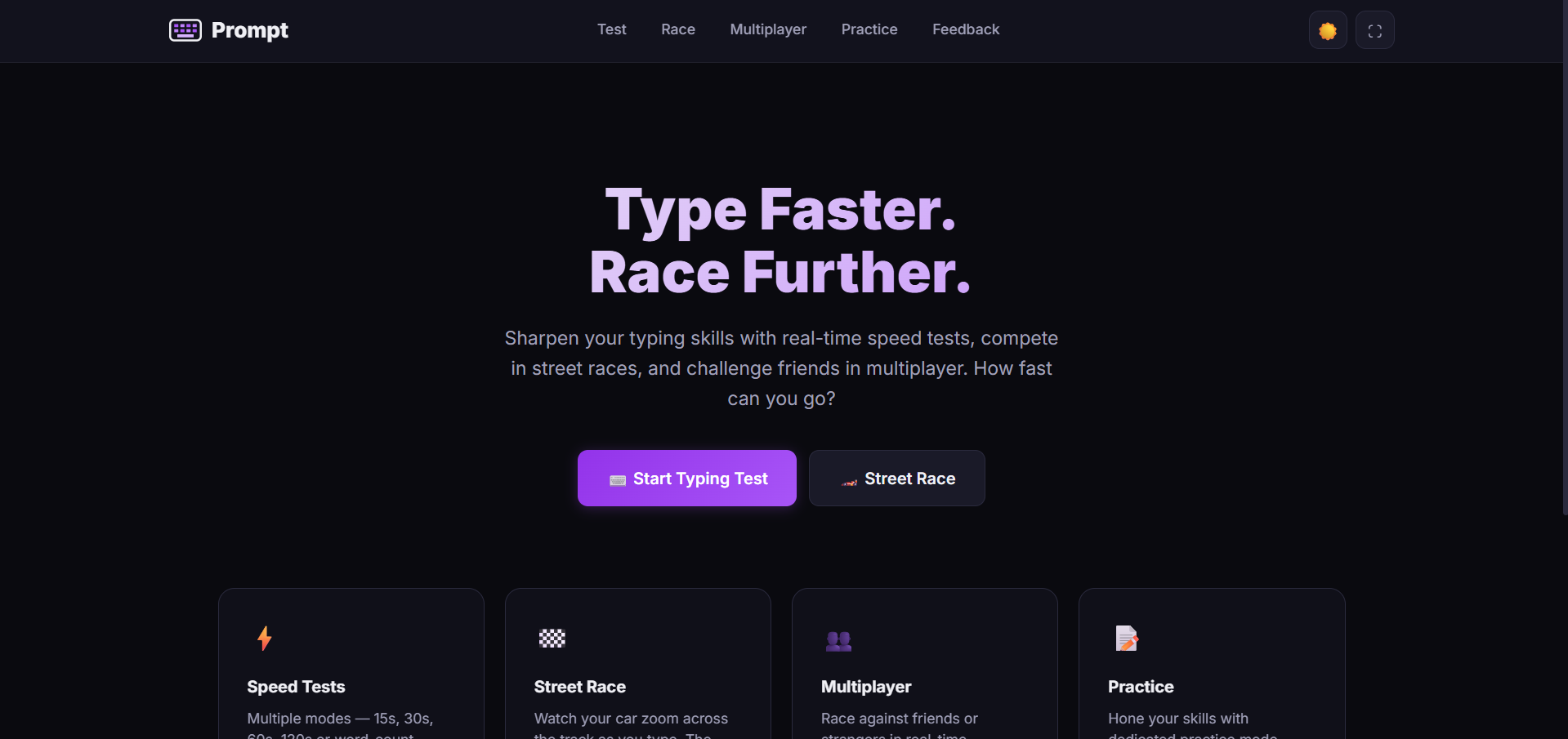 Prompt typing test main page